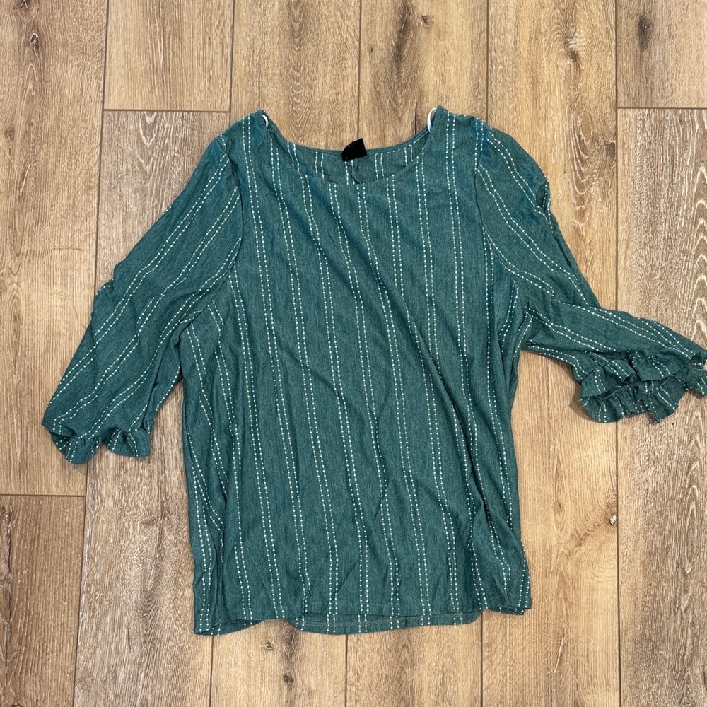 W5 Teal Striped Ruffle-Sleeve Blouse